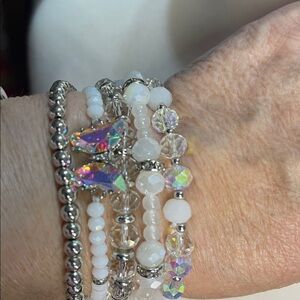 Paparazzi Silver and White Beaded Stretch Bracelet with Butterfly Set of 5